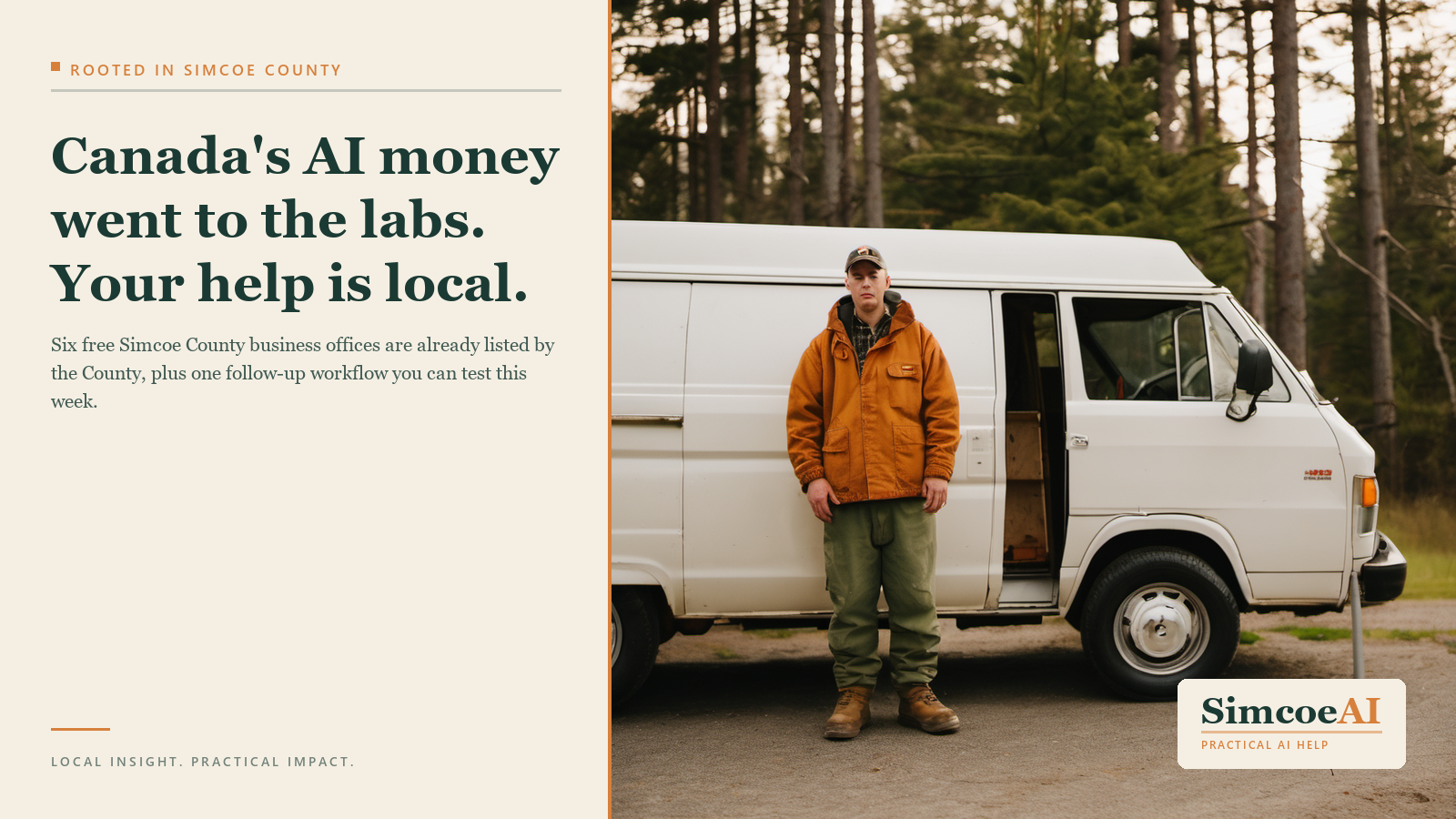 SimcoeAI branded header: Canada’s AI strategy funds labs — Simcoe owners start with free local help
